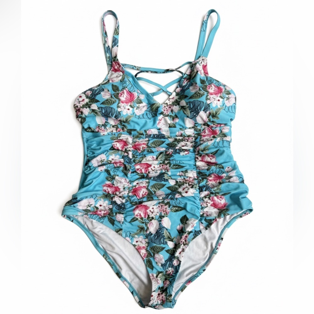 NWT CUPSHE Women's 2X One Piece Swimsuit Blue Floral Ruched V-Neck Strappy Back